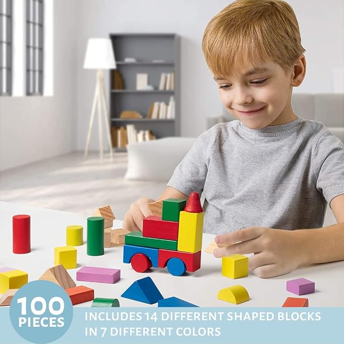 Right Track Toys Wooden Blocks - 100 Pc Wood Building Block Set with Carrying Bag (Rainbow Colored)- 100% Real Wood in 7 Colors and 14 Shapes - Stack, Build and Store- Fun Gift, Back to School Project - Image 2
