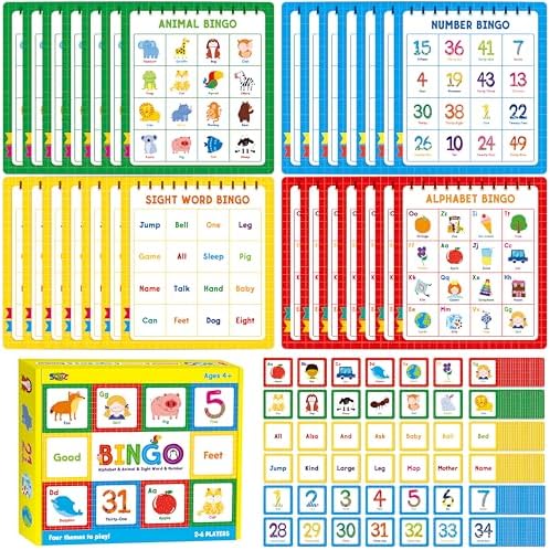 Family Bingo Game, Alphabet Animal Sight Word and Number Bingo Board Game, Counting and Matching Skills Classic Educational Game for Kindergarten and Preschool Kids, Perfect for Home and Classroom by SpriteGru