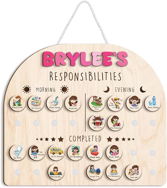 Wooden Chore Chart for Kids Visual Schedule, Routine Chart for Kids, Morning Bedtime Routine Chart for Toddlers Ages 2-4, Daily Kids Schedule Board for Home (09) by TinyKidz