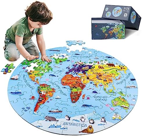 DIGOBAY World Map Jigsaw Puzzle for Kids 4-8, 70 Piece Large Round Floor Puzzles for Kids Ages Toddler Puzzle Globe Geography Games Educational Toys Birthday for Children by DIGOBAY