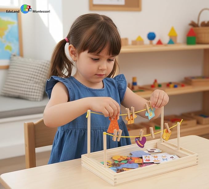 Montessori Practical Life Clothes Hanging Job, Laundry Activity Set with Rope Strings, Clothespins & Dress-Up Air Drying Game Airing Clothes for Toddlers Kids Ages 2-6, Classroom Educational Toy Gift - Image 2