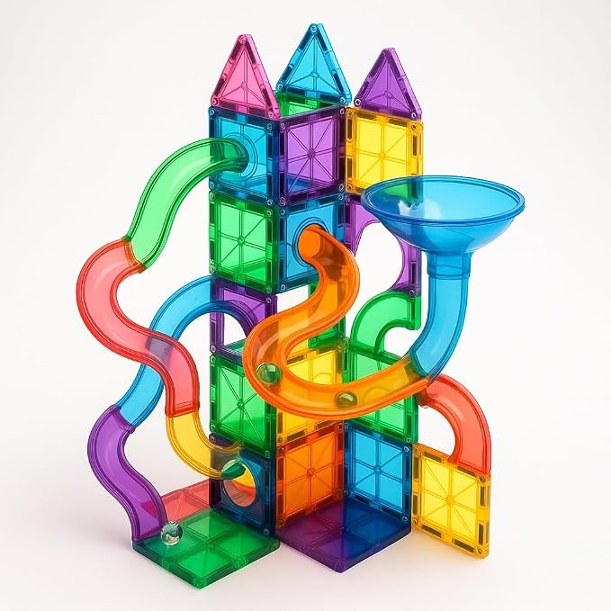 Magnetic Building Tiles Marble Run Set, 115 Pieces STEAM Construction Blocks with Marble Run Track, Educational STEM Toy for Kids Ages 3+, Rainbow Colors - Image 8