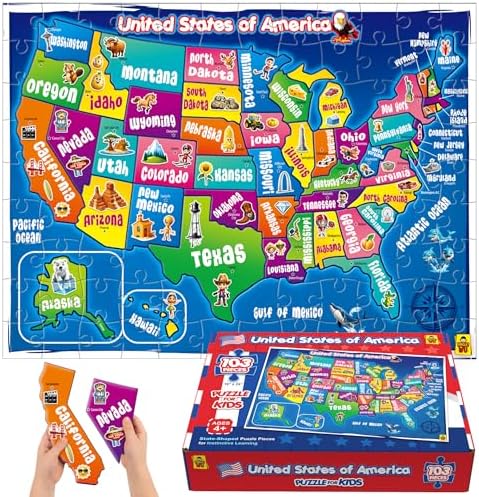 United States Map Puzzle for Kids Ages 4-8 – 103 Piece USA Geography Floor Jigsaw, State Shaped Pieces, Large 18x24 Floor Puzzle – Educational Learning Toy for Boys & Girls, Homeschool & Classroom by UNCLEWU