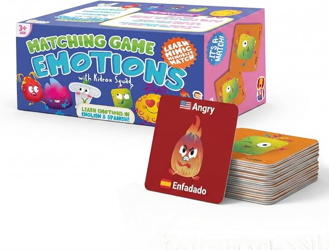 Kidrox Emotions Matching Game – Bilingual Memory Card Game in English & Spanish for Kids Ages 3+ | Learn & Mimic Emotions with Kidrox Squad | Premium Magnetic Box | 40 Tiles by Kidrox