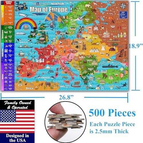 Think2Master Colorful Map of Europe 500 Pieces Jigsaw Puzzle with Very Large Pieces for 13+, Adults & Seniors. Great Gift for Interest in the European Map. Size: 26.8” X 18.9” - Image 6