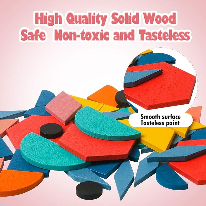 USATDD 180 Pcs Wooden Tangrams Pattern Blocks Set Geometric Manipulative Shape Puzzle Kindergarten Classic Educational Montessori Toys for Kids Toddlers Ages 4-8 with 24 Pcs Flash Cards - Image 5