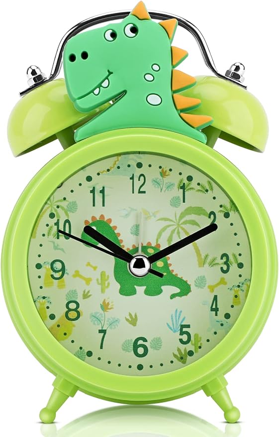 TCJJ Dinosaur Alarm Clock for Kids, Cool Bedroom Decoration, Non Ticking Silent Second Hand, w/Backlight Super Loud Twin Bell, for Kids Dinosaur Gifts (Green) by TCJJ
