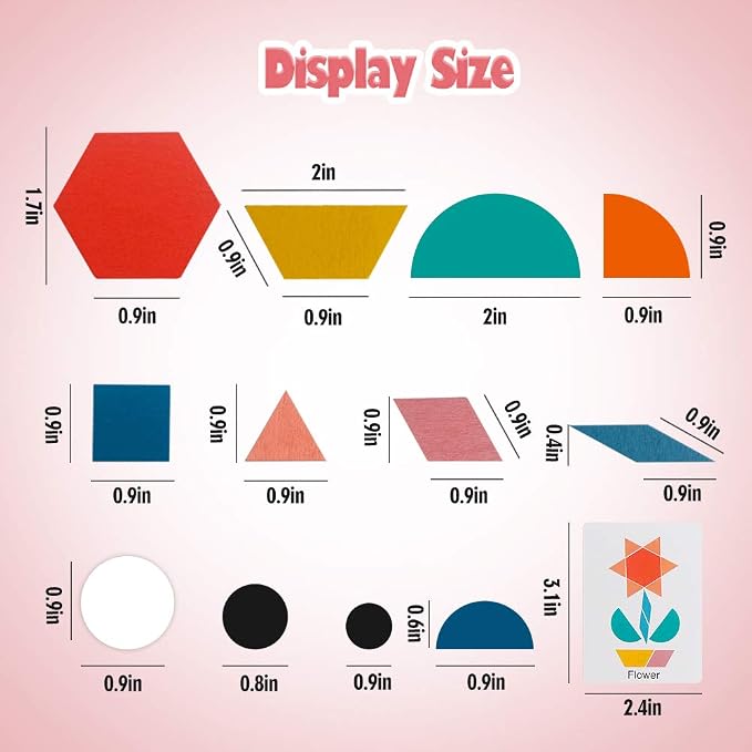 USATDD 180 Pcs Wooden Tangrams Pattern Blocks Set Geometric Manipulative Shape Puzzle Kindergarten Classic Educational Montessori Toys for Kids Toddlers Ages 4-8 with 24 Pcs Flash Cards - Image 4