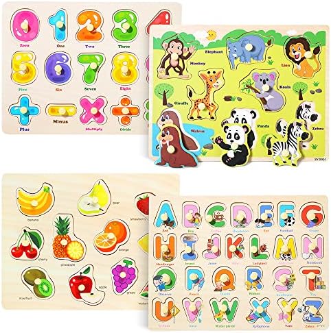GRINNNIE Wooden Peg Puzzle for Toddlers 3 4 5 Years Old, 4 PCS Montessori Educational Learning Puzzles Set-Numbers, Letters, Animals and Fruits, Great Preschool Gifts for Girls and Boys by GRINNNIEWOODENTOYS