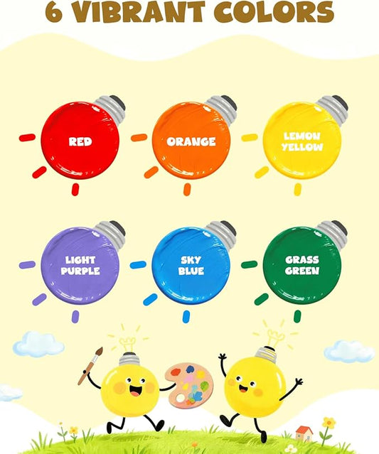 JUPITEARTH 6 Colors Washable Tempera Paint Set, 4.06oz(120ml) Non Toxic Finger Paints for Toddlers and Kids, Included Brush, Cups, Art Smock