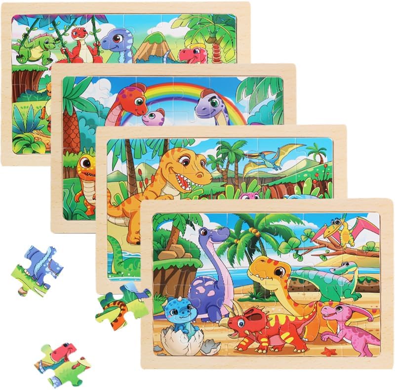 Wooden Puzzles for Kids 3-5, 4 Pack Dinosaur Jigsaw Puzzles for Toddlers, 24 Pieces Preschool Learning Activities, Learning & Educational Puzzles, Gift for Boys, Girls by Unknown