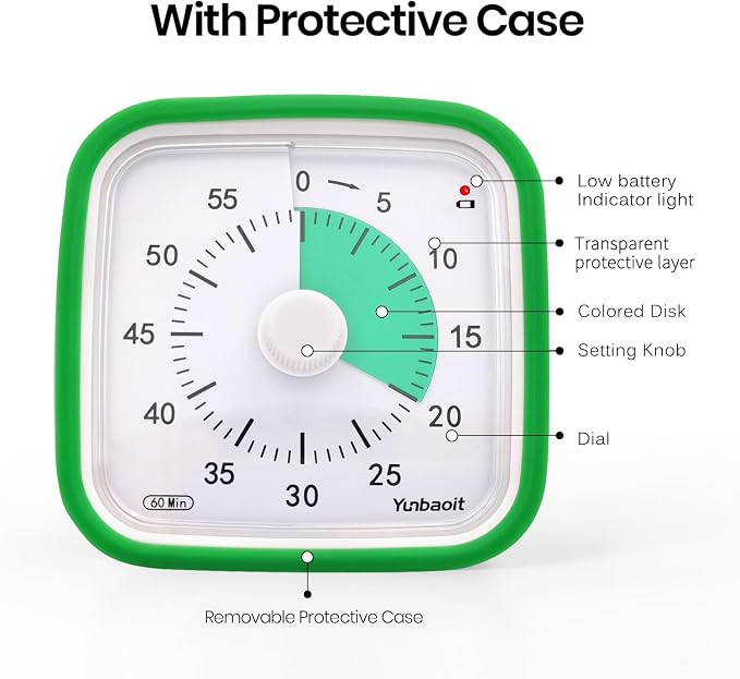 Yunbaoit Visual Timer for Kids, Silent 60-min Countdown Timer, Green Green - Image 3