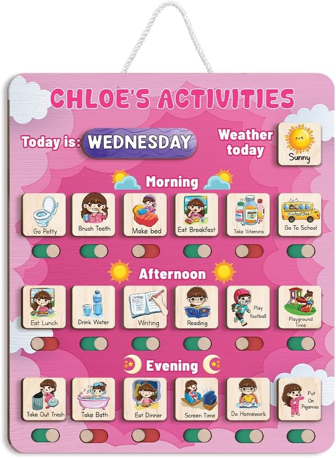 Wooden Chore Chart for Kids Visual Schedule, Routine Chart for Kids, Morning Bedtime Routine Chart for Toddlers Ages 2-4, Daily Kids Schedule Board for Home (15) by TinyKidz