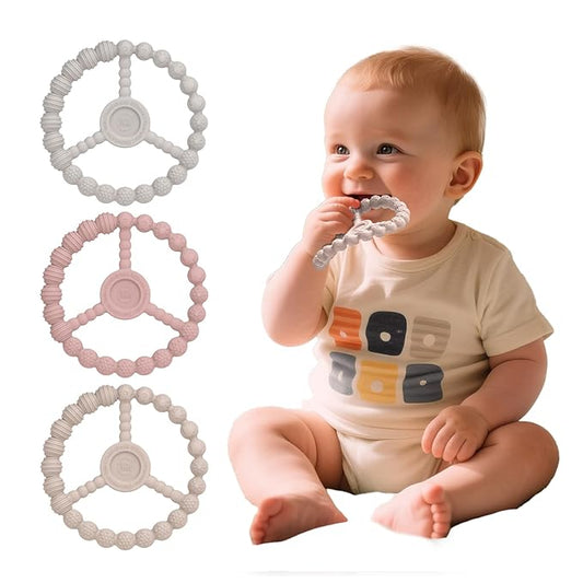 Teething Rings for Babies 0-6 Months, 3 Pack Silicone Teether Toys 6-12 Months, Freezable & Durable Chew Ring for 3-6 Months Boys Girls Teething Relief, Infant Essential Gifts (Sandy Rose Pink)