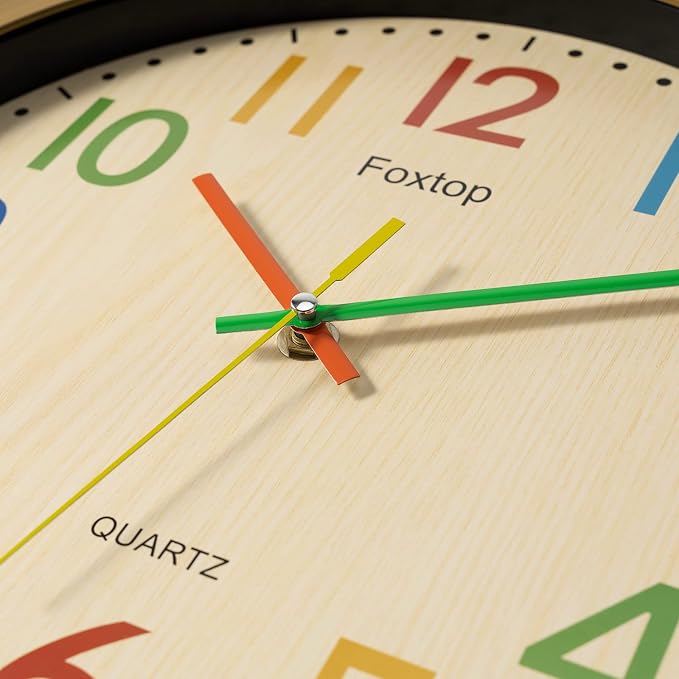 Foxtop Silent Kids Wall Clock 12 Inch Non-Ticking Battery Operated Colorful Childrens Clock for Classroom Playroom Nursery Bedrooms Kids Room School - Image 7