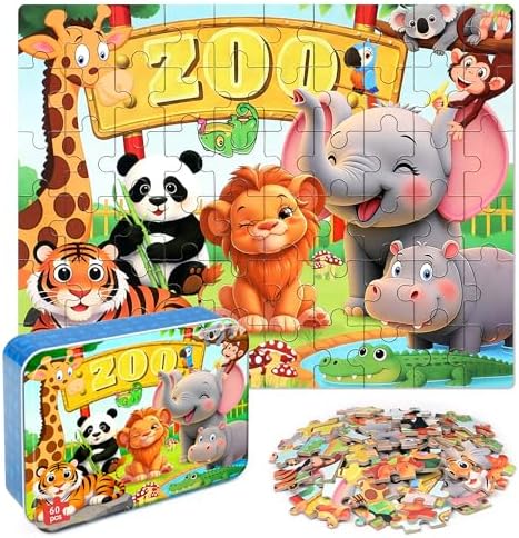 LELEMON Puzzles for Kids Ages 4-6,Zoo 60 Piece Puzzles for Kids Ages 6-8 in a Metal Box,Children Jigsaw Puzzles Kids Puzzles,Educational Learning Puzzle Toys for Girls and Boys by LELEMON
