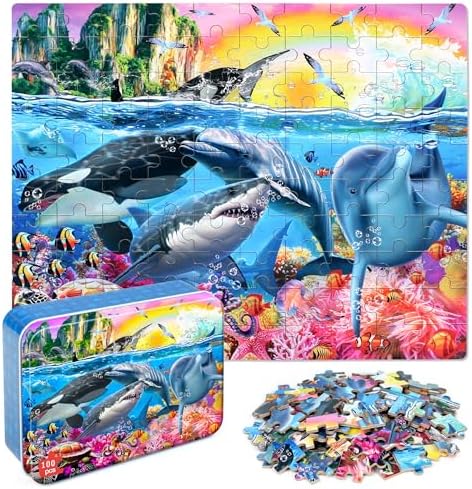 LELEMON Puzzles for Kids Ages 4-6,Underwater World 100 Piece Puzzles for Kids Ages 4-8 in a Metal Box, Educational Jigsaw Puzzles 100 Piece Puzzle Games Puzzle Toys for Girls and Boys by LELEMON