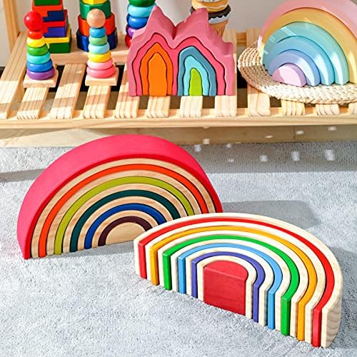 Wooden Rainbow Stacking Toy - 12 Pieces Extra Large Montessori Wooden Stacking Arch Educational Toys, Nesting Puzzle Building Blocks for Kids Toddlers (Rainbow Stackers) - Image 5