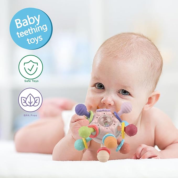 Baby Sensory Montessori Toy - Infant Teething Relief - Teethers for Newborn - Developmental Rattles Chew Toys Gifts for 0 3 6 9 12 18 Months Girl Boy -Toddler Travel Toy for 1 2 One Year Old (Pink)