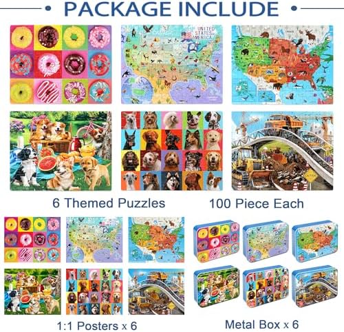 LELEMON Puzzles for Kids Ages 4-6,6 Pack 100 Piece Puzzles for Kids Ages 4-8 in a Metal Box,Educational Jigsaw Puzzles Puzzle Games Puzzle Toys for Girls and Boys - Image 7