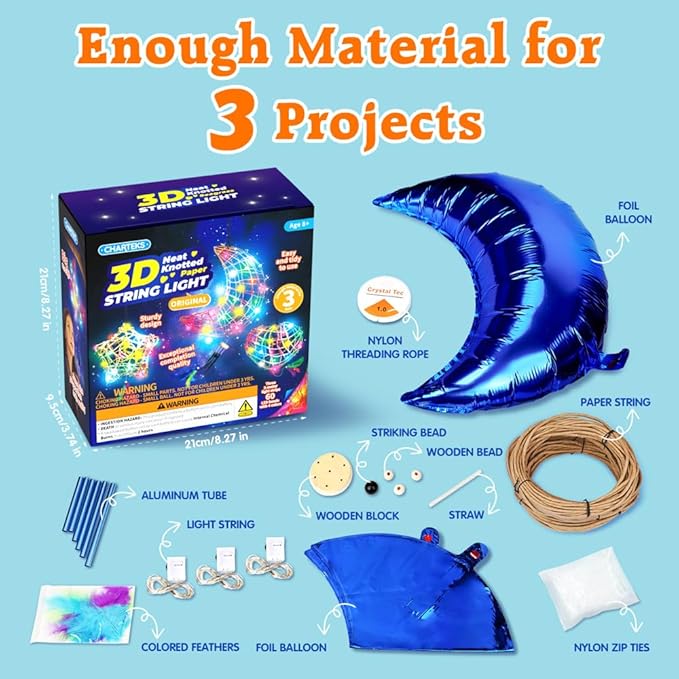 CHARTEKS 3D String Light Craft Kit for Kids, String Art Kit with LED Bulbs and Wind Chime, Arts and Crafts Set, Birthday Gifts for Girls Boys Ages 8+ (Original, Paper String)