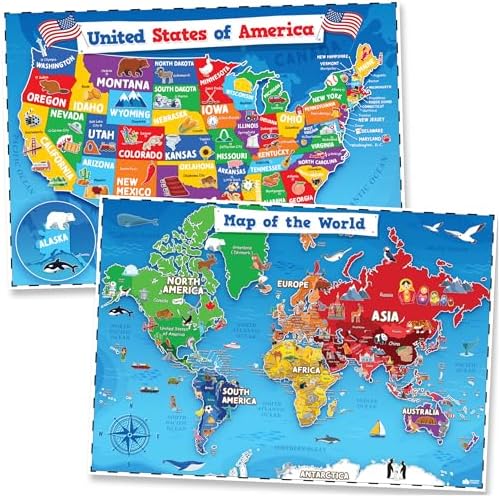 United States and World Map For Kids Classroom Posters 2pc Set - 24” x 16” Waterproof US and World Map for Classroom Decor Posters - Teacher Classroom Must Haves - Homeschool Back to School Supplies by MomoNashi