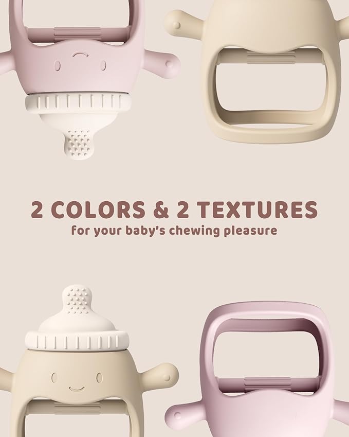 2Pack Baby Teething Toy for Over 3 Month, Food Grade Silicone Teething Mitten, Anti Dropping Wrist Hand Teethers Baby Chew Toys for Sucking Needs, BPA Free (Patent Pending) (Pink & Beige)