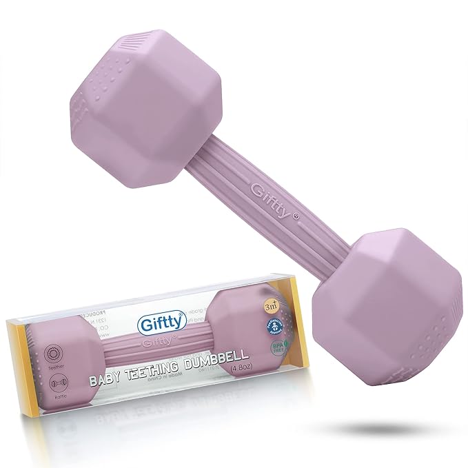 Giftty Baby Dumbbell - Silicone Infant Rattle Teething Toy Teether Toddler Sensory Toy Durable Safe Exercises Workout Weight - Great Gift for Girls and Boys (1pcs 4.8oz - Pink)