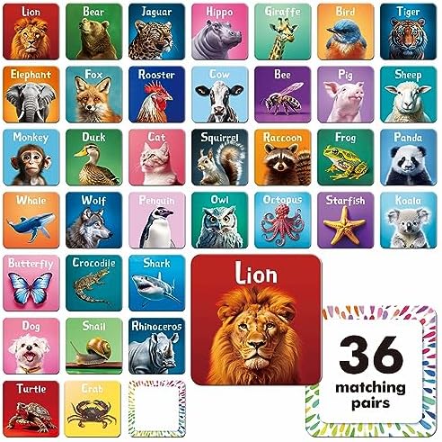 Hebayy 72 PCS Memory Matching Game, Real Animal Matching Cards for Toddlers 36 Pairs Memory Cards for Preschool 4 5 6 Years Old by Stickyourhappymoment