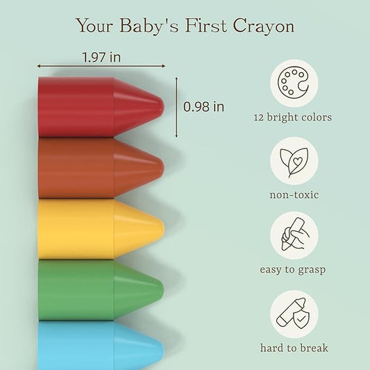 Soy & Beeswax Baby Crayons for Toddlers Age 2+, 12 Colors Thick Easy-Grip Natural Crayons, Non-Toxic Safe Unbreakable Toddler Drawing Set
