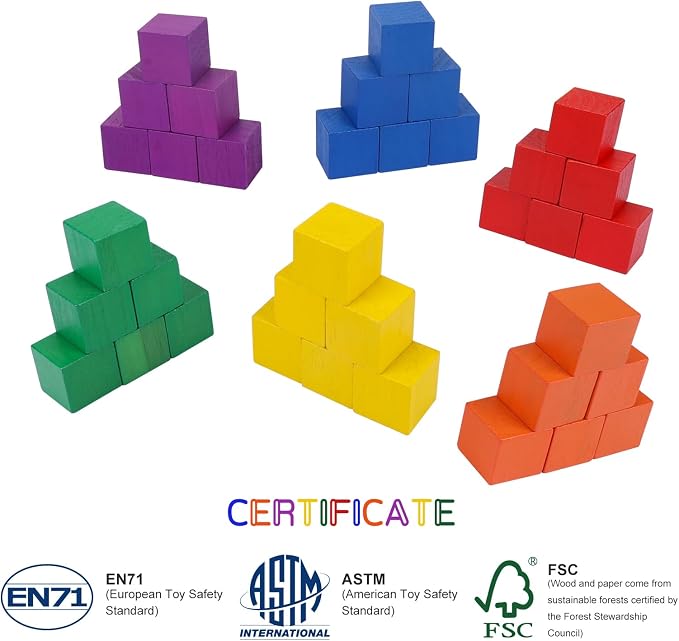Offelec 108 Pack 1 Inch Wooden Blocks, 6 Colors STEM Math Sorting Toys, Wood Building & Stacking Blocks for Toddlers, Classroom Learning Wooden Cube Blocks, Creative Play & DIY Craft for Kids Ages 3+ - Image 2