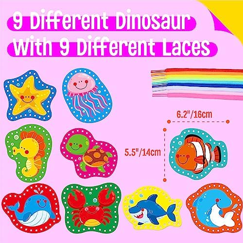 9 Pieces Kids Lacing Cards, Double Sided Sewing Cards in 9 Marine Animal Cards with 9 Colorful Laces, Imagination Development Lacing Toys Games for Children Educational and Learning Activity - Image 2