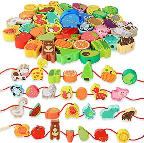BMTOYS Montessori Educational Threading Toys Wooden Stringing Farm Animals Fruits Lacing Beads Preschool Toy for Toddler 3 4 5 Year Old Boys Girls by BMTOYS