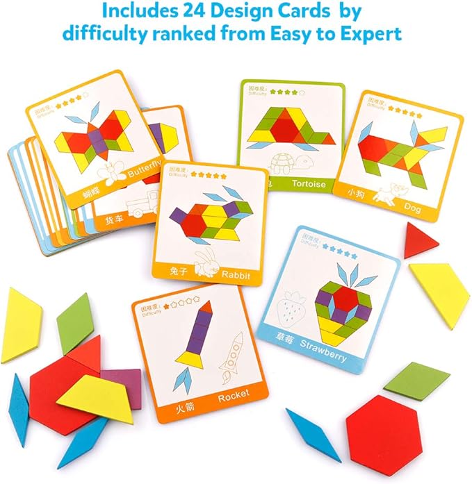 Coogam Wooden Pattern Blocks Set 130PCS Geometric Color Shape Manipulative Puzzle – Graphical Montessori Tangram Early Learning Educational Toys Brain Teasers STEM Gift for Kids with 24 Design Cards - Image 2