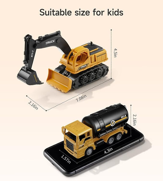 Geyiie Large Construction Trucks Toy Set, Construction Vehicles for Kids, 7 PCS Pull Back Engineering Cars with Excavator, Bulldozer, Dump, Cement Mixer, STEM Sand Toys Gifts for Boys Girls