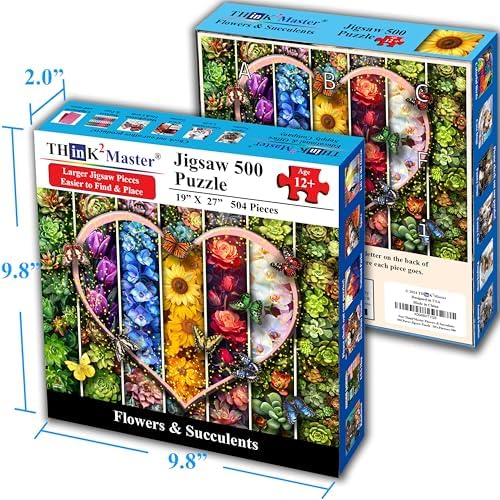 Think2Master Colorful Flowers Succulents & Butterflies 500 Pieces Very Large Pieces Jigsaw Puzzle for 13+ Adults & Seniors. Beautiful Vibrant Heart Valentine's Day Illustration 26.8” X 18.9” - Image 5