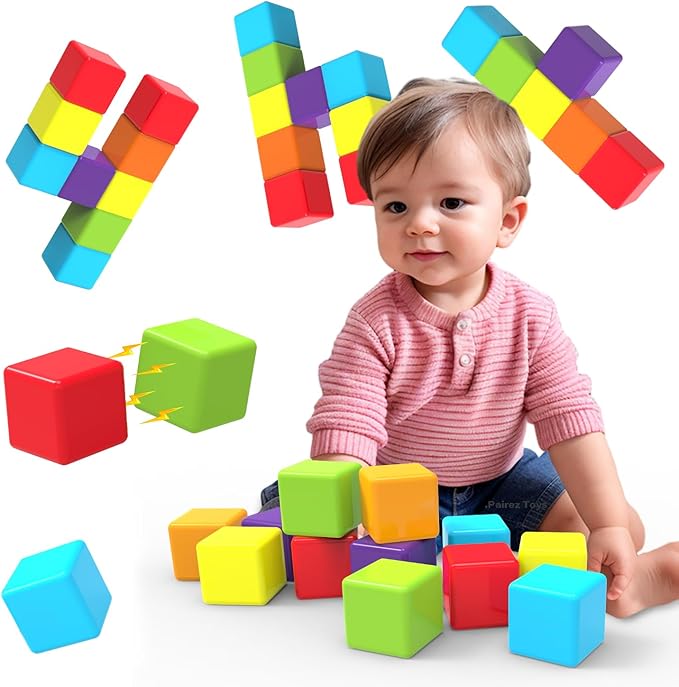 Magnetic Building Blocks Large, 1.65 inch Stacking Cubes for Toddlers by PairezToys