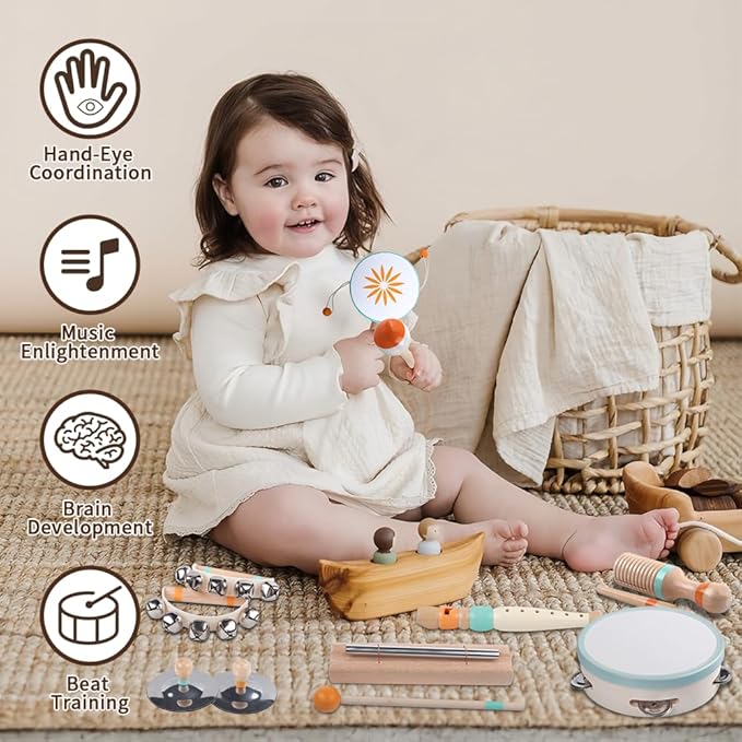 Toddlers Musical Instruments-Baby Montessori Wooden Musical Toys for Toddlers 1-3 Year Old,Kids Percussion Instruments Toy for Preschool Kids,Christmas Birthday Gift for Baby Boys Girls