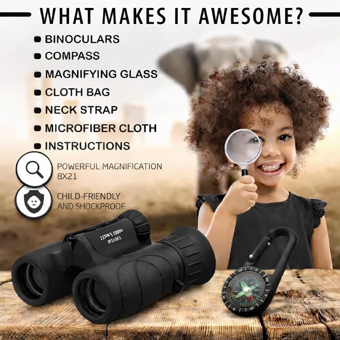 Binoculars for Kids – Perfect Toy for Little Boys and Girls – Extensive Set Incl. Magnifying Glass & Compass – Powerful Magnification 8X21 – 3 to 12 Year Old Kids for Toddler - Image 3
