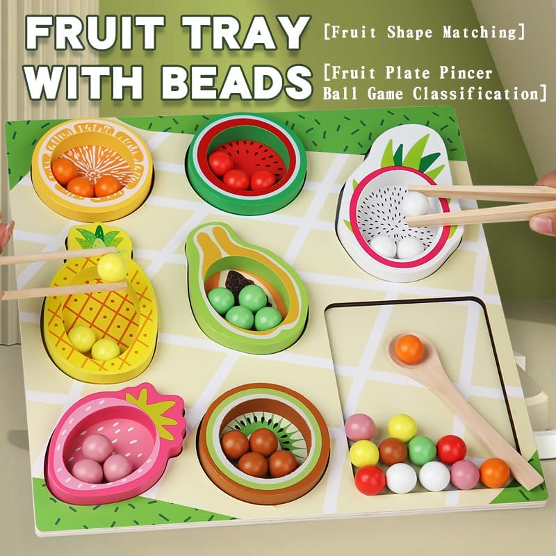 Practical Life/Sensorial/Math Fruit-Themed Sorting Stacking Beads Tong/Chopsticks/Spong, Pincer Grasp Motor Skills Toy PegBoard Beads Game Color/Shape Matching 3-6 Years Gift - Image 3