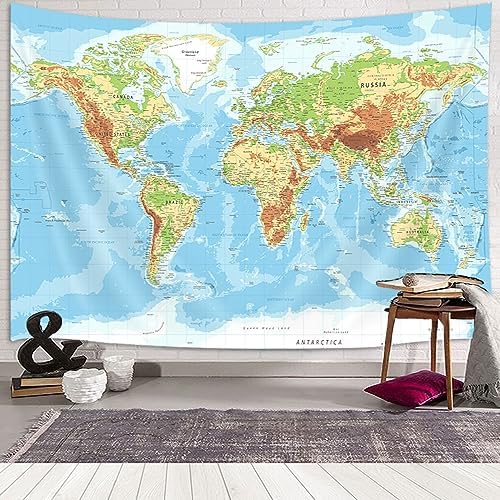 World Map Tapestry for Kids Student, World Map with Countries and Major Cities Tapestries Educational Asia Europe South City Topography America Africa Japan Wall Tapestry 40X30 Inch(Blue) - Image 3