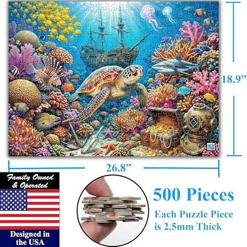 Think2Master Sunken Treasures 500 Pieces Large Format Jigsaw Puzzle: 13+, Teens, Adults & Families. Giant Sea Turtles, Sharks, Lion Fish, Pirate Ship & Tropical Fish Great Gift. Size: 26.8” X 18.9” - Image 6