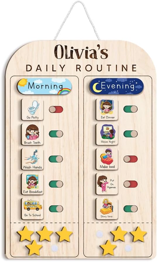 Wooden Chore Chart for Kids Visual Schedule, Routine Chart for Kids, Morning Bedtime Routine Chart for Toddlers Ages 2-4, Daily Kids Schedule Board for Home (19) by TinyKidz