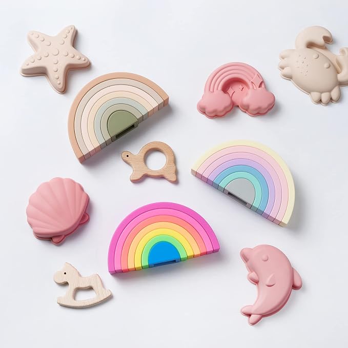 MCGMITT Rainbow Stacking Toy, Silicone Rainbow Stacker for Toddlers, Montessori Nesting Blocks, Building Creative Color Shape Matching Toy Set, 7 Layers (Brown) - Image 5
