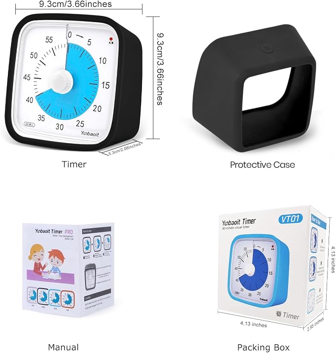 Yunbaoit Visual Timer for Kids, Silent 60-min Countdown Timer, Black Blue - Image 7