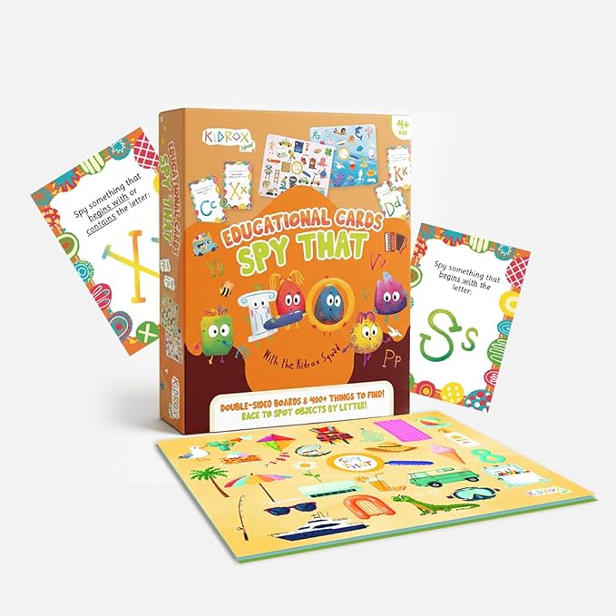 Flashcards Spy that! by Kidrox Squad – Spy that Letter Game for Kids Ages 3+, 20 Double-Sided Picture Search Boards with 400+ Objects, Alphabet Learning Game for Toddlers and Families by Kidrox