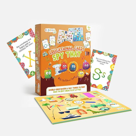 Flashcards Spy that! by Kidrox Squad – Spy that Letter Game for Kids Ages 3+, 20 Double-Sided Picture Search Boards with 400+ Objects, Alphabet Learning Game for Toddlers and Families by Kidrox