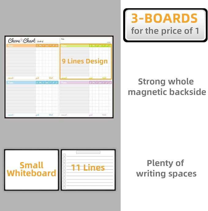 JJPRO Magnetic Dry Erase Chore Chart Set for Fridge-Used for Multiple Kids-One Chore Chart and Two Bonus Dry Erase Pad/Grocery Boards-Behavior Chart for Multiple Kids - Image 4