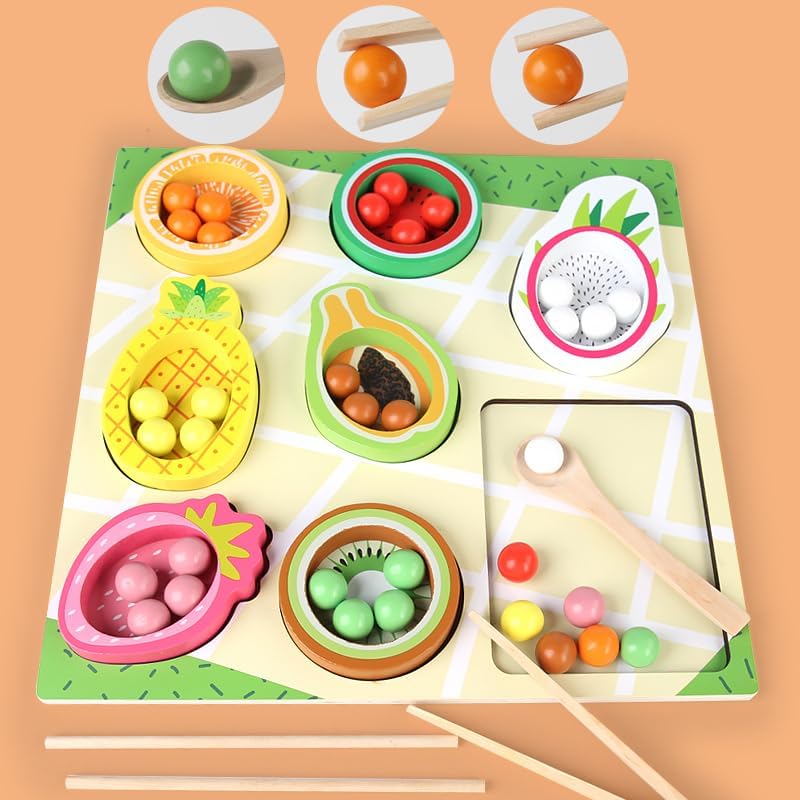 Practical Life/Sensorial/Math Fruit-Themed Sorting Stacking Beads Tong/Chopsticks/Spong, Pincer Grasp Motor Skills Toy PegBoard Beads Game Color/Shape Matching 3-6 Years Gift - Image 5