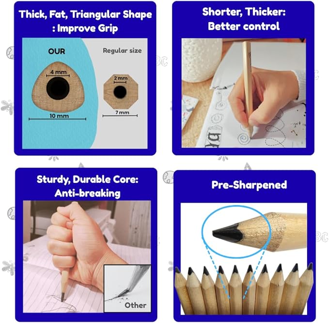 Thick Fat Jumbo Triangular Pencils for Hand Writing Drawing, Age 2+, Preschoolers, Early Learners, and those with Special Needs. Sets of 10 natural wood pencils with a wood sharpener and eraser.